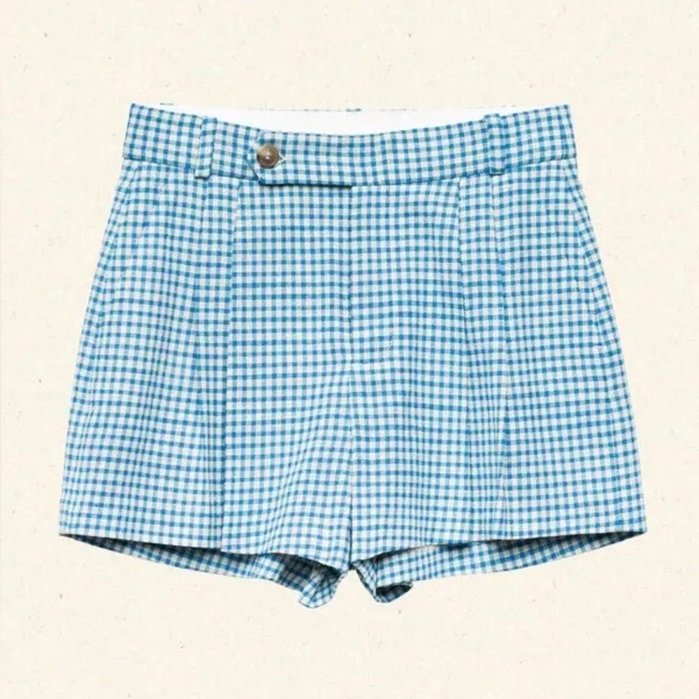 NWT Doen Kingsley Cotton Button High Waist Shorts Southhampton Gingham Blue - Picture 11 of 12